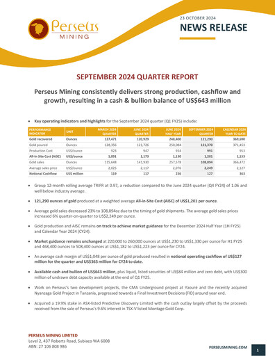Miniature Perseus Mining Rapport trimestriel 2024-q3