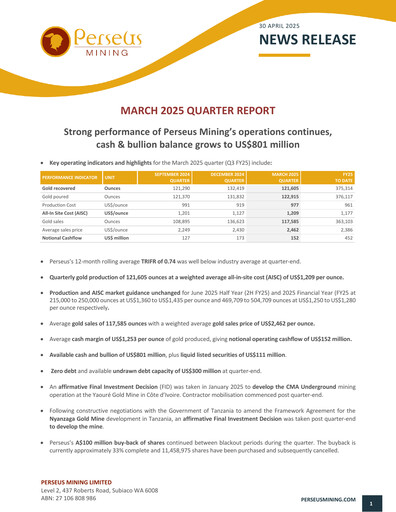 Miniature Perseus Mining Rapport trimestriel 2025-q1