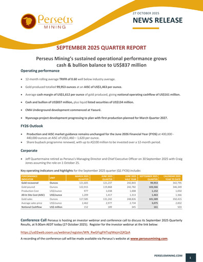 Miniature Perseus Mining Rapport trimestriel 2025-q3