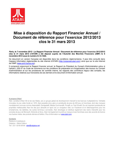 Thumbnail ATARI Universal Registration Document 2013