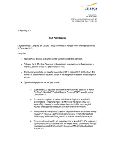 Thumbnail PolyNovo Financial Report 2014-h1