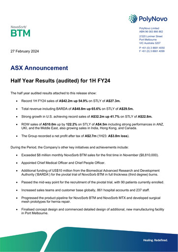 Thumbnail PolyNovo Financial Report 2024-h1
