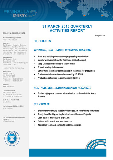 Thumbnail Peninsula Energy Quarterly Report 2015-q1