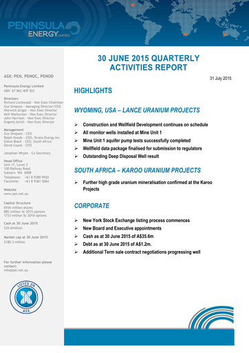 Thumbnail Peninsula Energy Quarterly Report 2015-q2