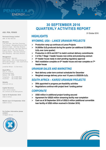 Thumbnail Peninsula Energy Quarterly Report 2016-q3