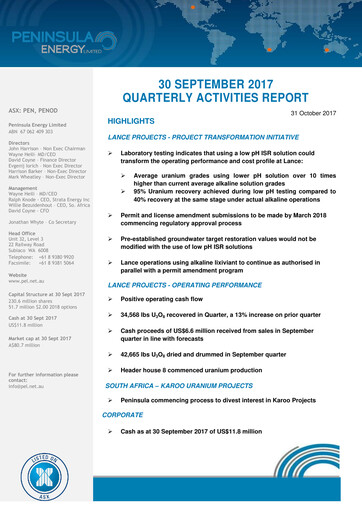 Thumbnail Peninsula Energy Quarterly Report 2017-q3
