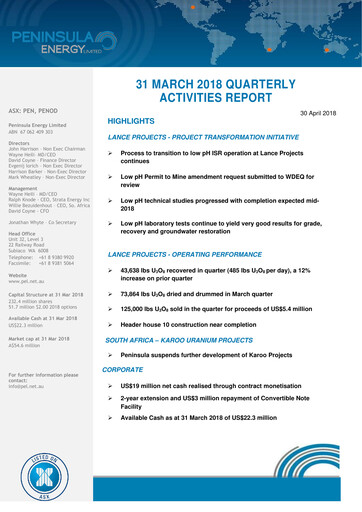 Thumbnail Peninsula Energy Quarterly Report 2018-q1