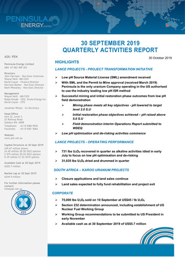 Thumbnail Peninsula Energy Quarterly Report 2019-q3