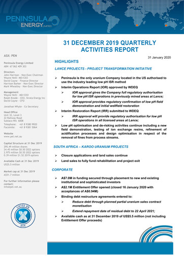 Thumbnail Peninsula Energy Quarterly Report 2019-q4