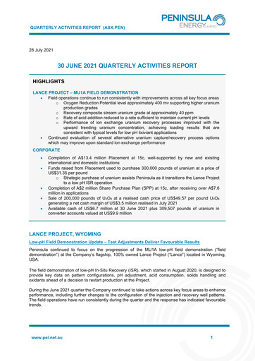 Thumbnail Peninsula Energy Quarterly Report 2021-q2