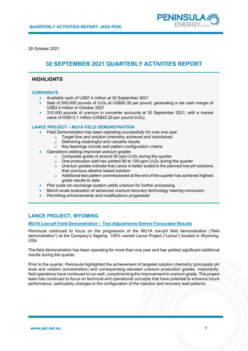 Thumbnail Peninsula Energy Quarterly Report 2021-q3