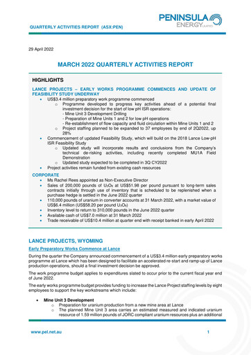 Thumbnail Peninsula Energy Quarterly Report 2022-q1