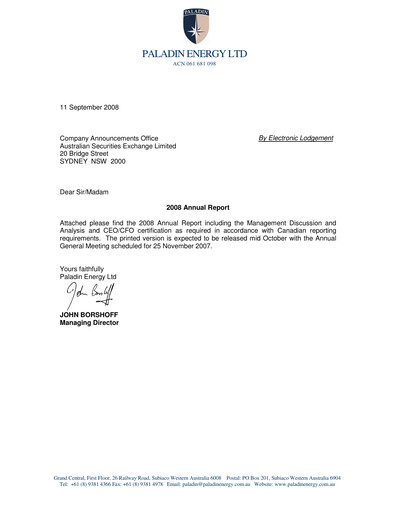 Thumbnail Paladin Energy Annual Report fy2008