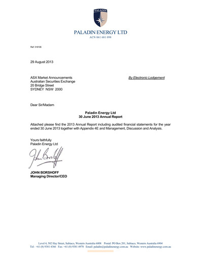 Thumbnail Paladin Energy Annual Report fy2013