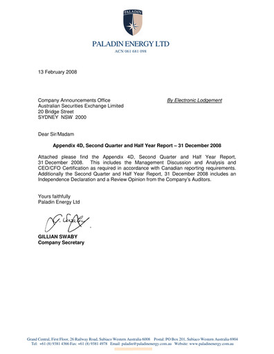 Thumbnail Paladin Energy Financial Report 2009-h1