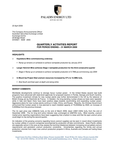 Thumbnail Paladin Energy Quarterly Report 2009-q3