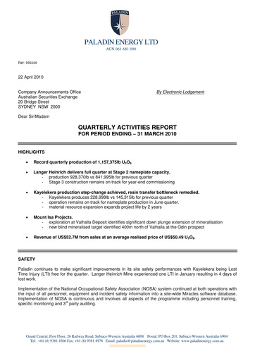 Thumbnail Paladin Energy Quarterly Report 2010-q3