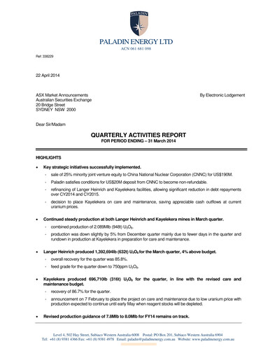 Thumbnail Paladin Energy Quarterly Report 2014-q3