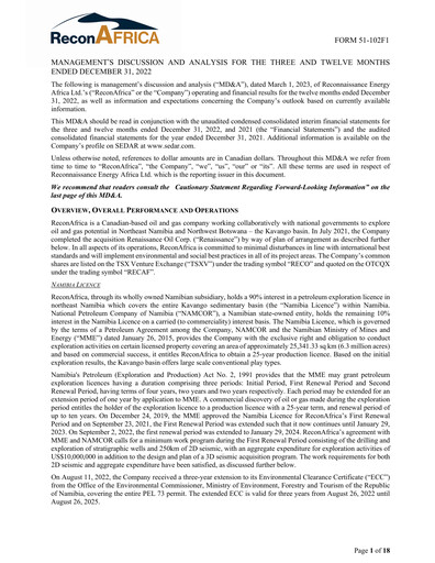 Thumbnail ReconAfrica Financial Report 2022