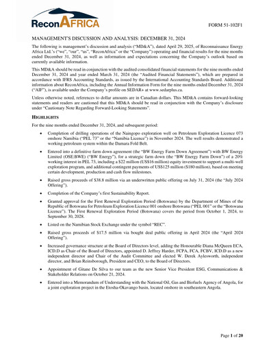 Thumbnail ReconAfrica Financial Report 2024