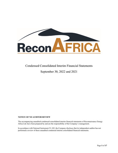 Thumbnail ReconAfrica Quarterly Report 2022-q3