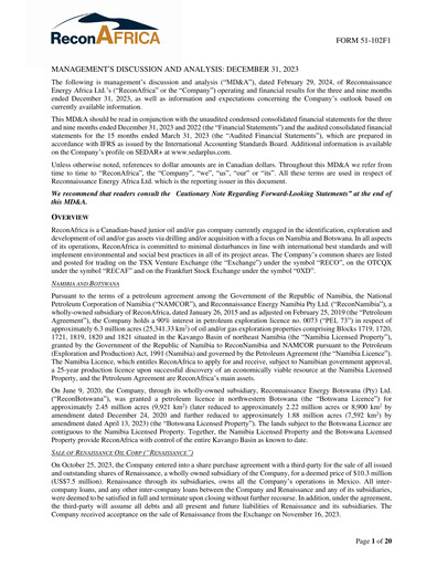 Thumbnail ReconAfrica Quarterly Report 2023-q3