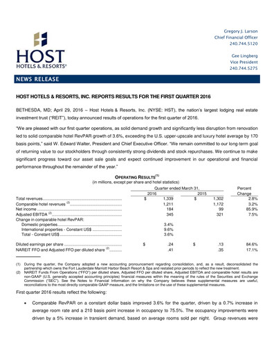 Thumbnail Host Hotels & Resorts
 Quarterly Report 2016-q1