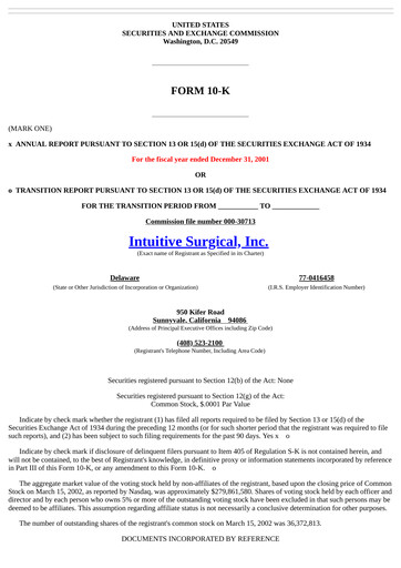 Thumbnail Intuitive Surgical Annual Report 2001