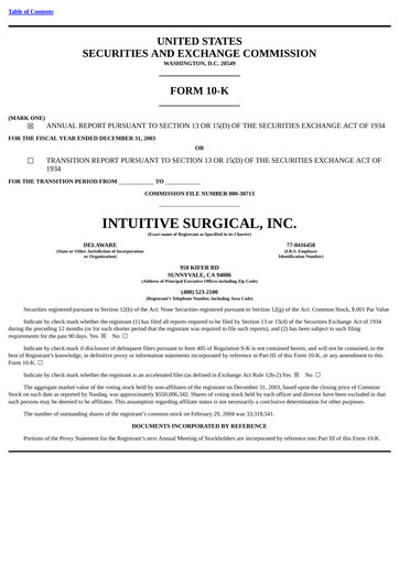 Thumbnail Intuitive Surgical Annual Report 2003