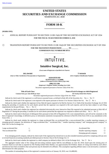Thumbnail Intuitive Surgical Annual Report 2018