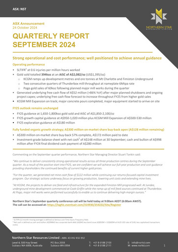 Vorschaubild Northern Star Quartalsbericht 2024-q3