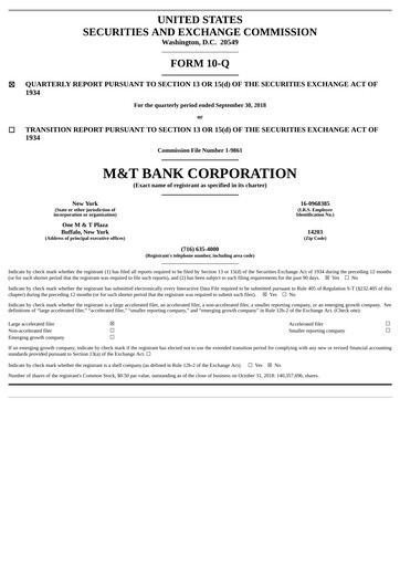 Thumbnail M&T Bank Quarterly Report 2018-q3