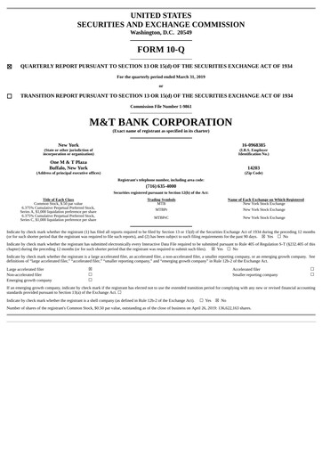 Thumbnail M&T Bank Quarterly Report 2019-q1