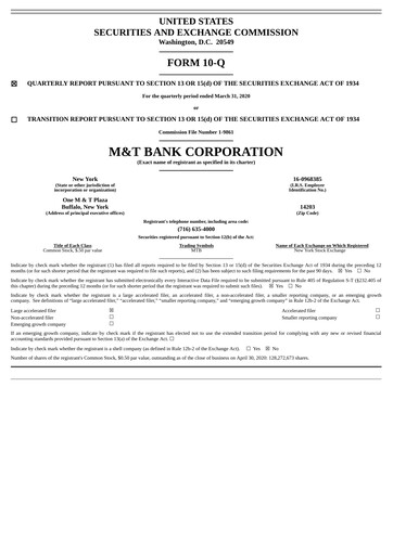 Thumbnail M&T Bank Quarterly Report 2020-q1