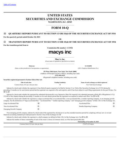 Thumbnail Macy's
 Quarterly Report 2023-q3