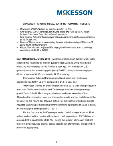 Thumbnail McKesson Quarterly Report 2014-q1