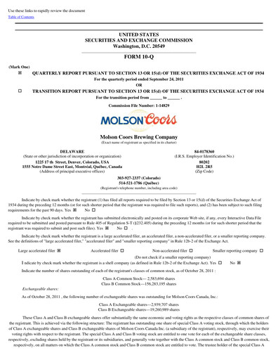 Thumbnail Molson Coors Quarterly Report 2011-q3
