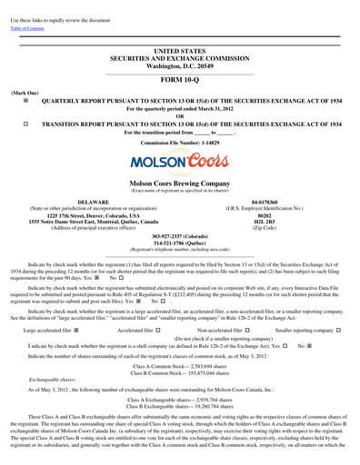 Thumbnail Molson Coors Quarterly Report 2012-q1