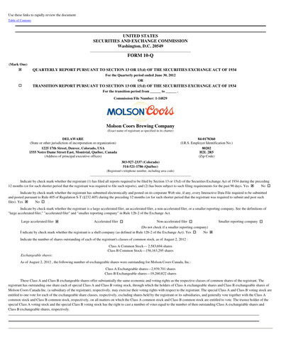 Thumbnail Molson Coors Quarterly Report 2012-q2