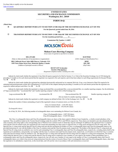 Thumbnail Molson Coors Quarterly Report 2016-q2
