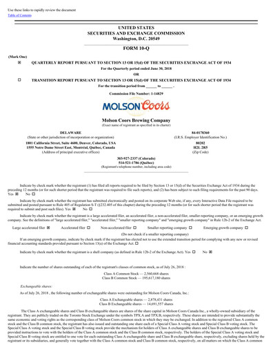 Thumbnail Molson Coors Quarterly Report 2018-q2