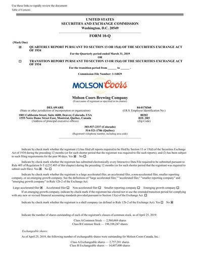 Thumbnail Molson Coors Quarterly Report 2019-q1