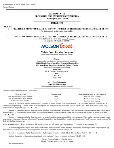 Thumbnail Molson Coors Quarterly Report 2019-q2