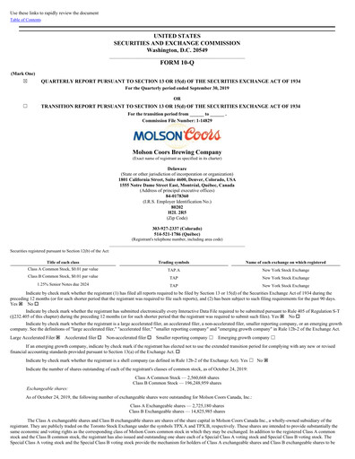 Thumbnail Molson Coors Quarterly Report 2019-q3