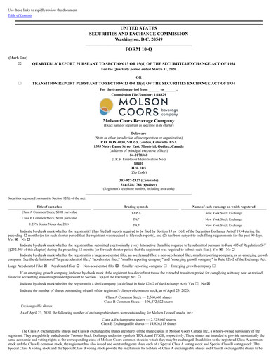 Thumbnail Molson Coors Quarterly Report 2020-q1