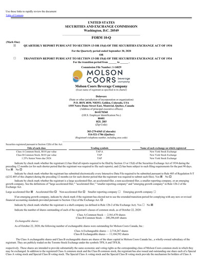 Thumbnail Molson Coors Quarterly Report 2020-q3