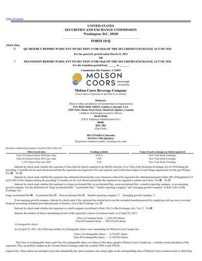 Thumbnail Molson Coors Quarterly Report 2021-q1