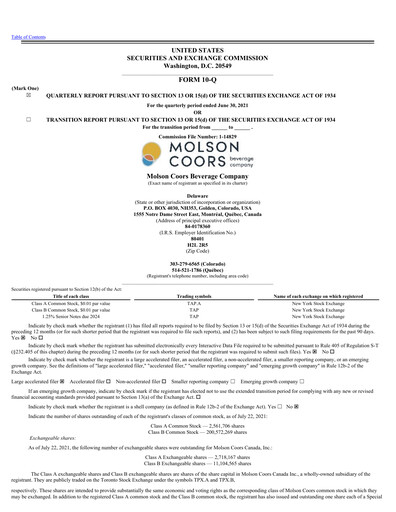 Thumbnail Molson Coors Quarterly Report 2021-q2