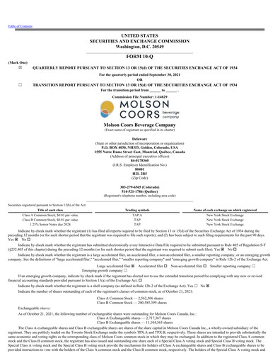 Thumbnail Molson Coors Quarterly Report 2021-q3
