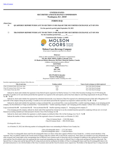 Thumbnail Molson Coors Quarterly Report 2022-q3
